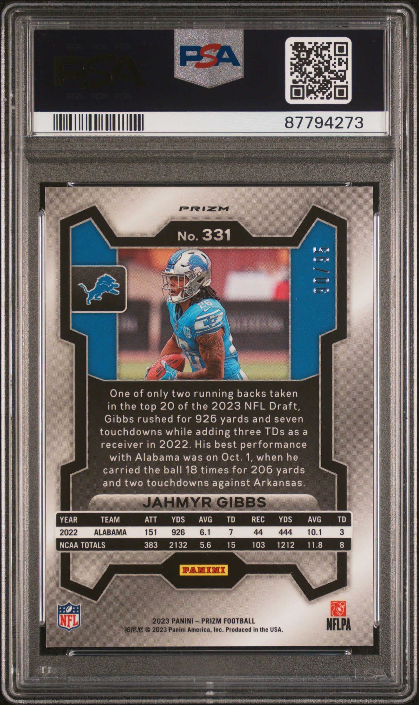 Jahmyr Gibbs 2023 Panini Prizm #331 No Huddle Blue PSA 9